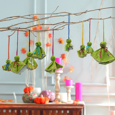 9 Green Viscose Doll Halloween Ornaments with Embroidery