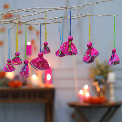 9 Fuchsia Hand-Embroidered Viscose Doll Halloween Ornaments