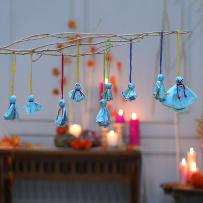 9 Turquoise Embroidered Viscose Doll Halloween Ornaments