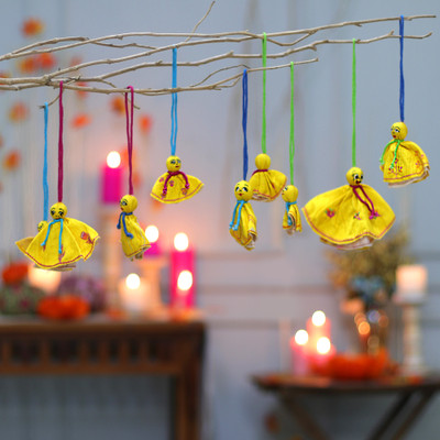 9 Hand-Embroidered Yellow Viscose Doll Halloween Ornaments