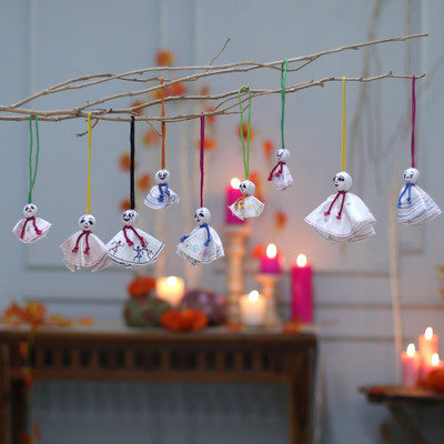 9 White Embroidered Viscose Spooky Doll Halloween Ornaments