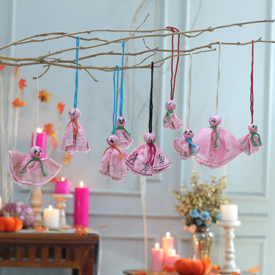 9 Hand-Embroidered Viscose Doll Halloween Ornaments in Pink