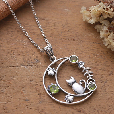 Cat and Crescent Moon-Themed Peridot Silver Pendant Necklace