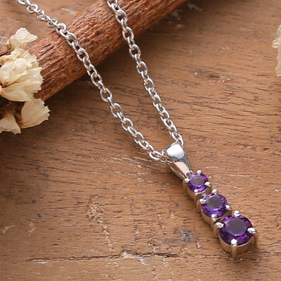 Silver Pendant Necklace with Three Round Amethyst Gemstones