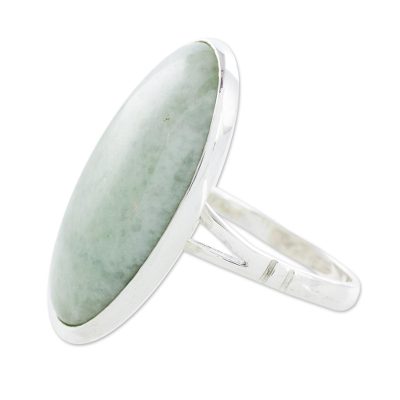 Handcrafted Minimalist Light Green Jade and Silver Ring