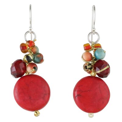 Red Calcite and Glass Bead Dangle Earrings from Thailand