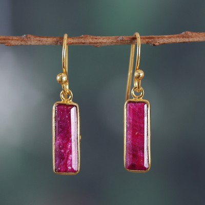 18k Gold-Plated Dangle Earrings with Ruby Gems from India