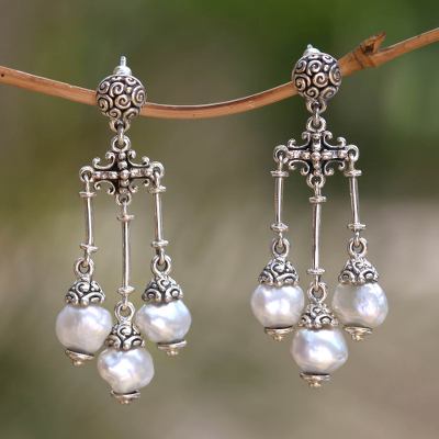 Silver and White Cultured Pearl Chandelier Earrings