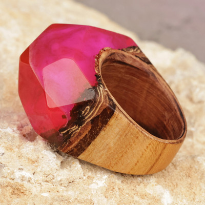 Handcrafted Apricot Wood and Resin Domed Ring in Fuchsia