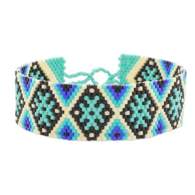 Blue and Black Geometric Beaded Wristband Bracelet