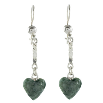 Heart-Shaped Green Jade Dangle Earrings from Guatemala