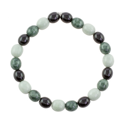 Black Green and Pale Natural Jade Beaded Stretch Bracelet