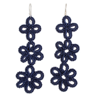 Artisan Hand-Tatted Dangle Earrings in Indigo from Guatemala