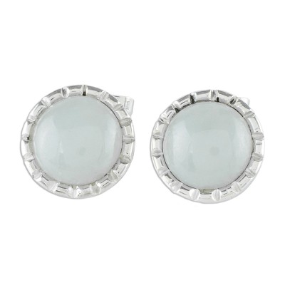925 Silver Stud Earrings with Pale Ice Green Jade Circles