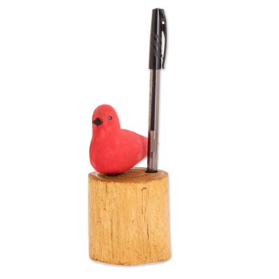 Hand Carved Summer Tanager Bird Balsa Wood Pencil Holder
