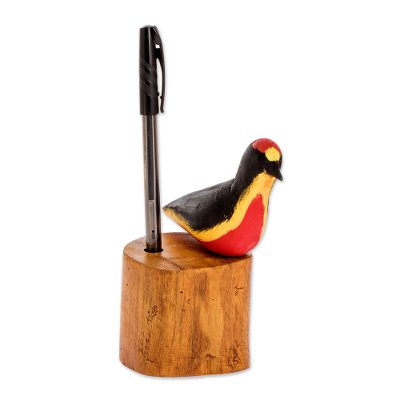 Hand Carved Red Crested Woodpecker Bird Wood Pencil Holder