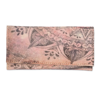 Handcrafted Printed Leather Wallet in Beige and Pink Hues