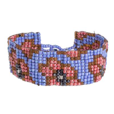 Floral-Themed Crystal and Glass Beaded Wristband Bracelet