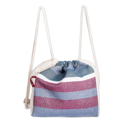 Striped Blue & Magenta Foldable Cotton Drawstring Backpack