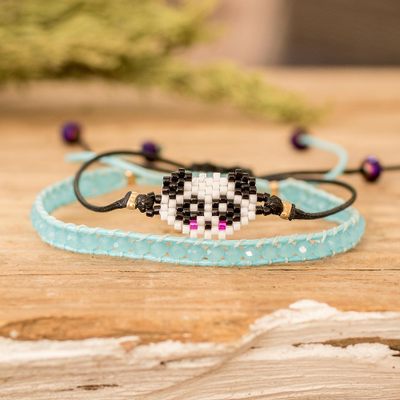 Set of 2 Panda-Themed Blue Glass Beaded Friendship Bracelets