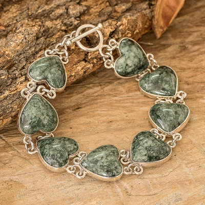 Sterling Silver Heart Link Bracelet with Green Jade Stones