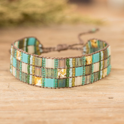 Adjustable Green Aqua Mosaic Glass Beaded Wristband Bracelet