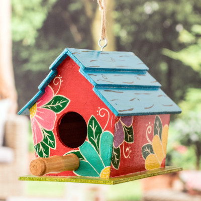 Classic Hand-Painted Floral Wood Birdhouse Made in Guatemala