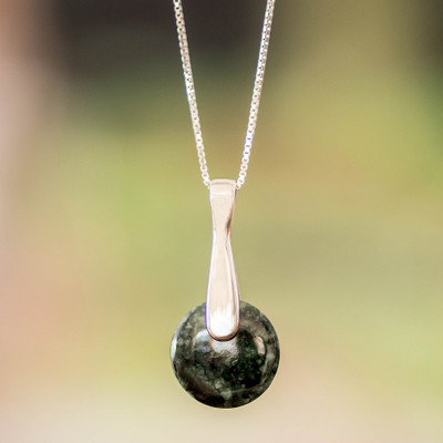 Modern Dark Green Jade Silver Necklace with Round Pendant