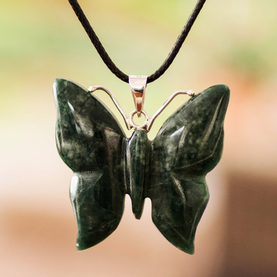 Light Green Jade Butterfly Pendant Necklace with Cotton Cord