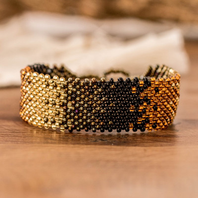 Black Bronze and Golden-Hued Adjustable Wide Beaded Bracelet