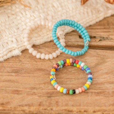 3 Ivory Blue Multicolored Crystal Glass Beaded Wrap Rings
