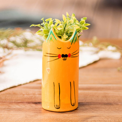 Hand-Painted Ceramic and Utensil Pen Holder with Cat Motif