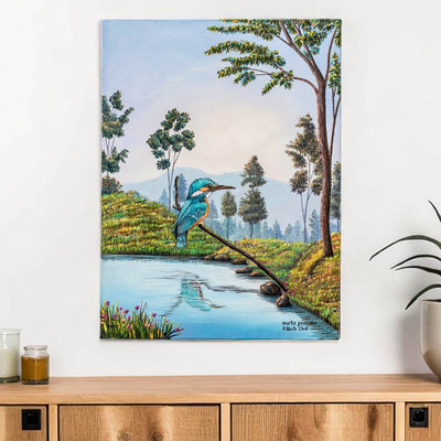 Realist Oil Painting of a Kingfisher Perched on a Branch