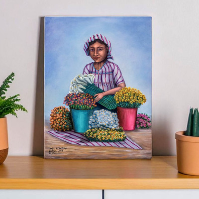 Realist Oil Portrait of Female Flower Vendor from Guatemala