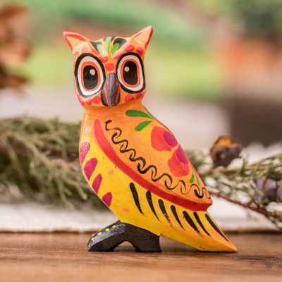Hand-Painted Owl and Floral-Themed Pinewood Figurine