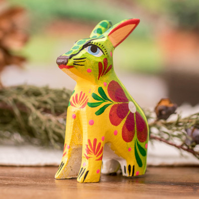 Rabbit Floral Pinewood Figurine Hand-Painted in Guatemala