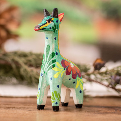 Hand-Painted Giraffe Floral Leaf-Themed Pinewood Figurine
