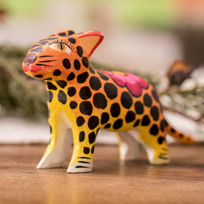Guatemalan Hand-Painted Jaguar Wild Cat Pinewood Figurine
