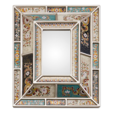 Silver-Tone Reverse-Painted Glass Wall Mirror from Peru