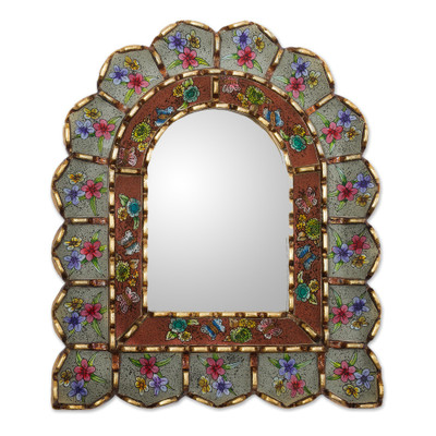 Reverse-Painted Glass Wood Wall Mirror with Floral Motifs