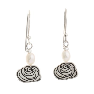 Floral Motif Sterling Silver Earrings with Cultured Pearls