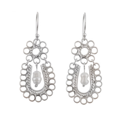 Sterling Silver Dangle Earrings with Rings and Cream Pearls