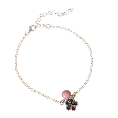 Floral Sterling Silver Pendant Bracelet with Pink Rhodonite