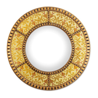 Round Floral Warm-Toned Reverse-Painted Glass Wall Mirror