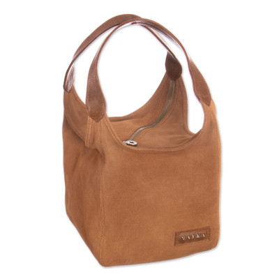 Modern Leather-Accented Cube Suede Handbag in Caramel