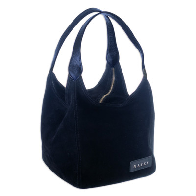 Leather-Accented Cube Suede Handle Bag in Midnight Blue