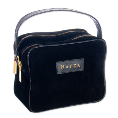 Leather-Accented Adjustable Suede Sling in Black