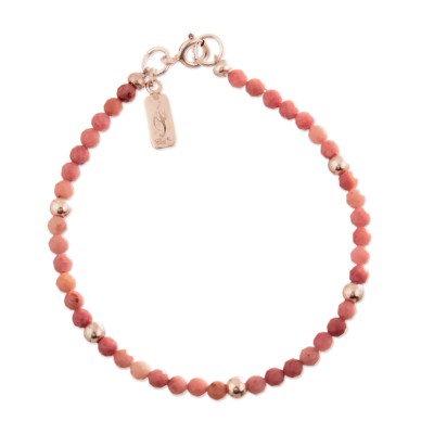 Wristband Bracelet with Rhodonite Stones and Silver Beads