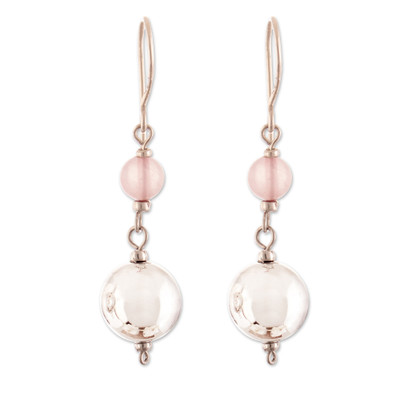 Polished Sterling Silver and Rose Quartz Dangle Earrings