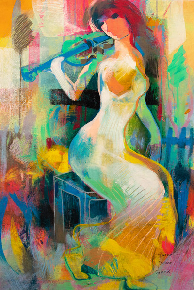 Colorful Abstract Oil Painting of Woman Playing the Violin